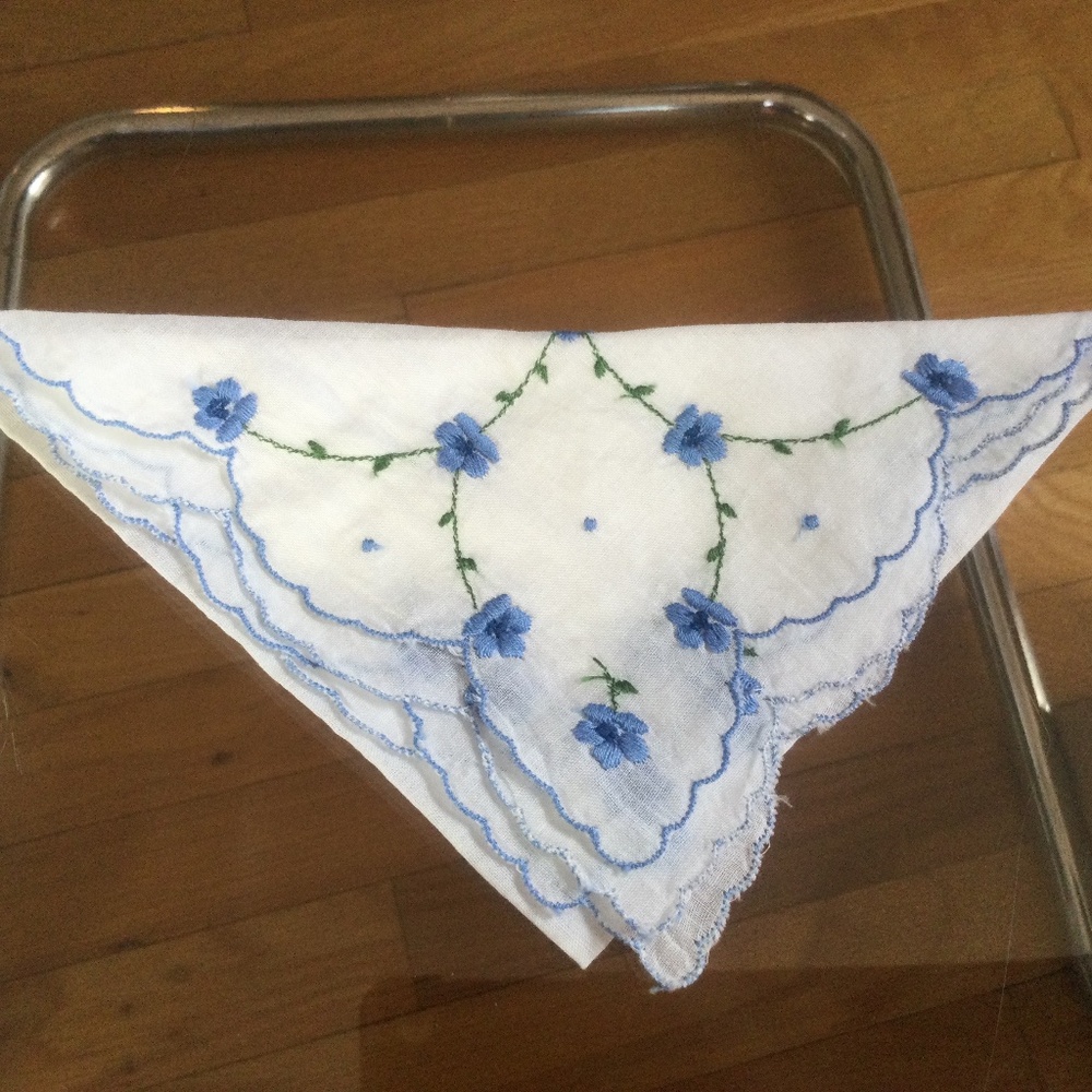 Vintage Linen Handkerchief with Hand Embroidered Flowers, 10” square